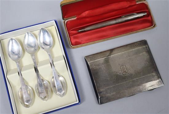 An Art Deco silver cigarette case, a set of six silver coffee spoons and a cased pen.